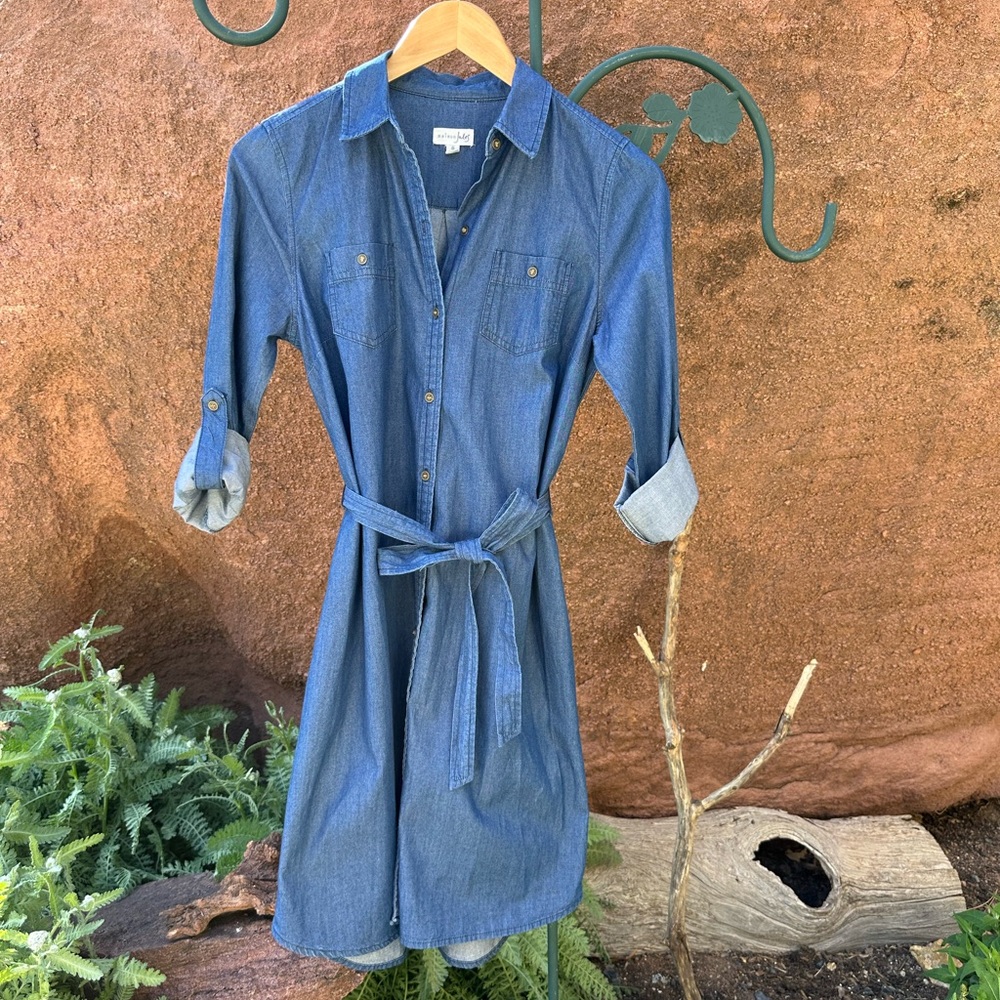 Maison Jules Belted Chambray Denim Shirt Dress with Pockets Size S